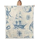 Feelyou Vintage Nautical Fleece Throw Blanket Old Sailboat Anchor Plush Blanket Marine Ocean Themed Fuzzy Blanket and Throws Sea Shell Starfish Fluffy Sherpa Blanket Throw 50"X60"