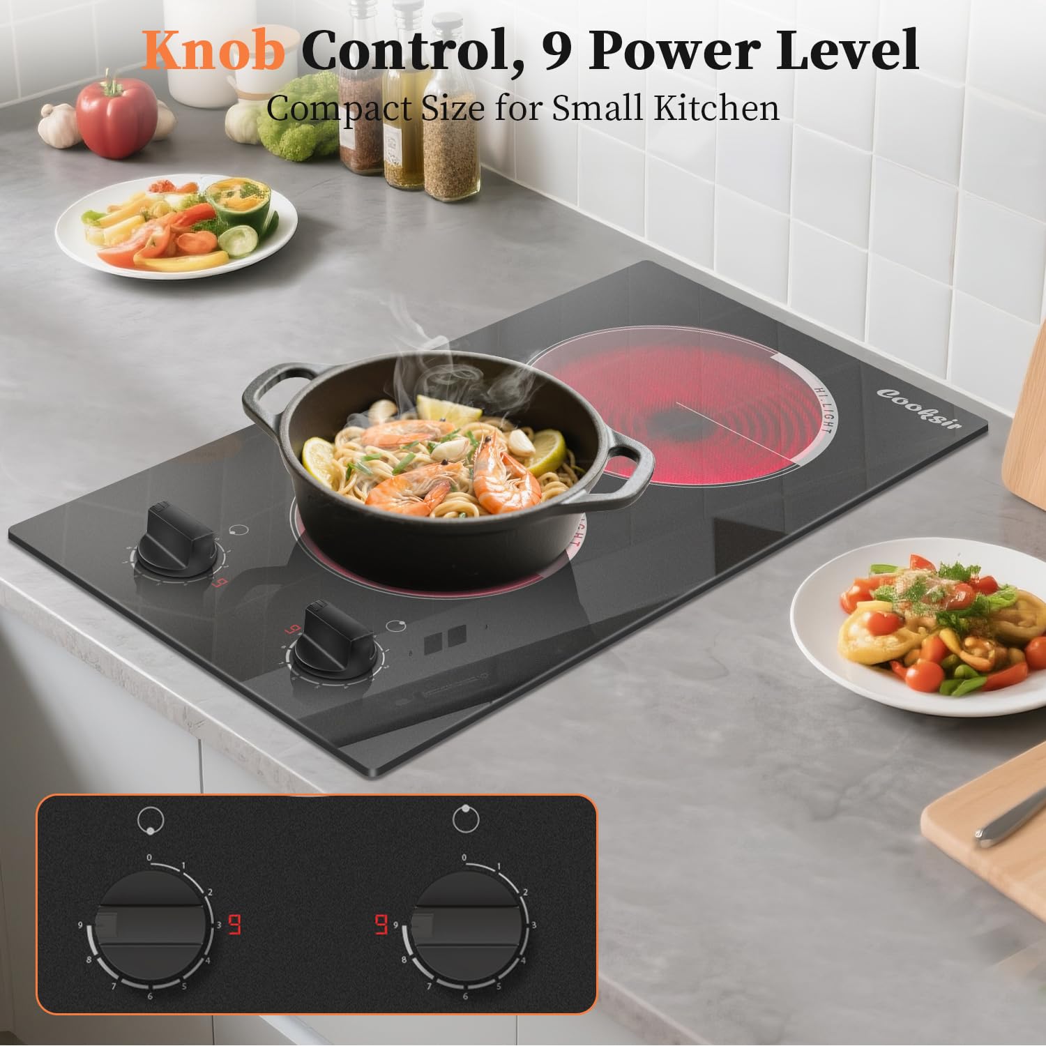 Cooksir 2 Burner Electric Cooktop - 110v Countertop and Built-in Electric Stove 2000W, 12 Inch Ceramic Stove with Residual Heat Indicator, Over-Temperature Protection, Knob Control, 110-120V Plug in
