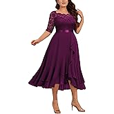 MISSMAY Women's Plus Size Floral Lace Boat Neck Ruffle Hem Chiffon Cocktail Party Sewing Dress