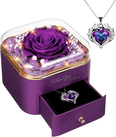 GOICC Preserved Purple Rose & Angel Wing Necklace Gift Box for Her