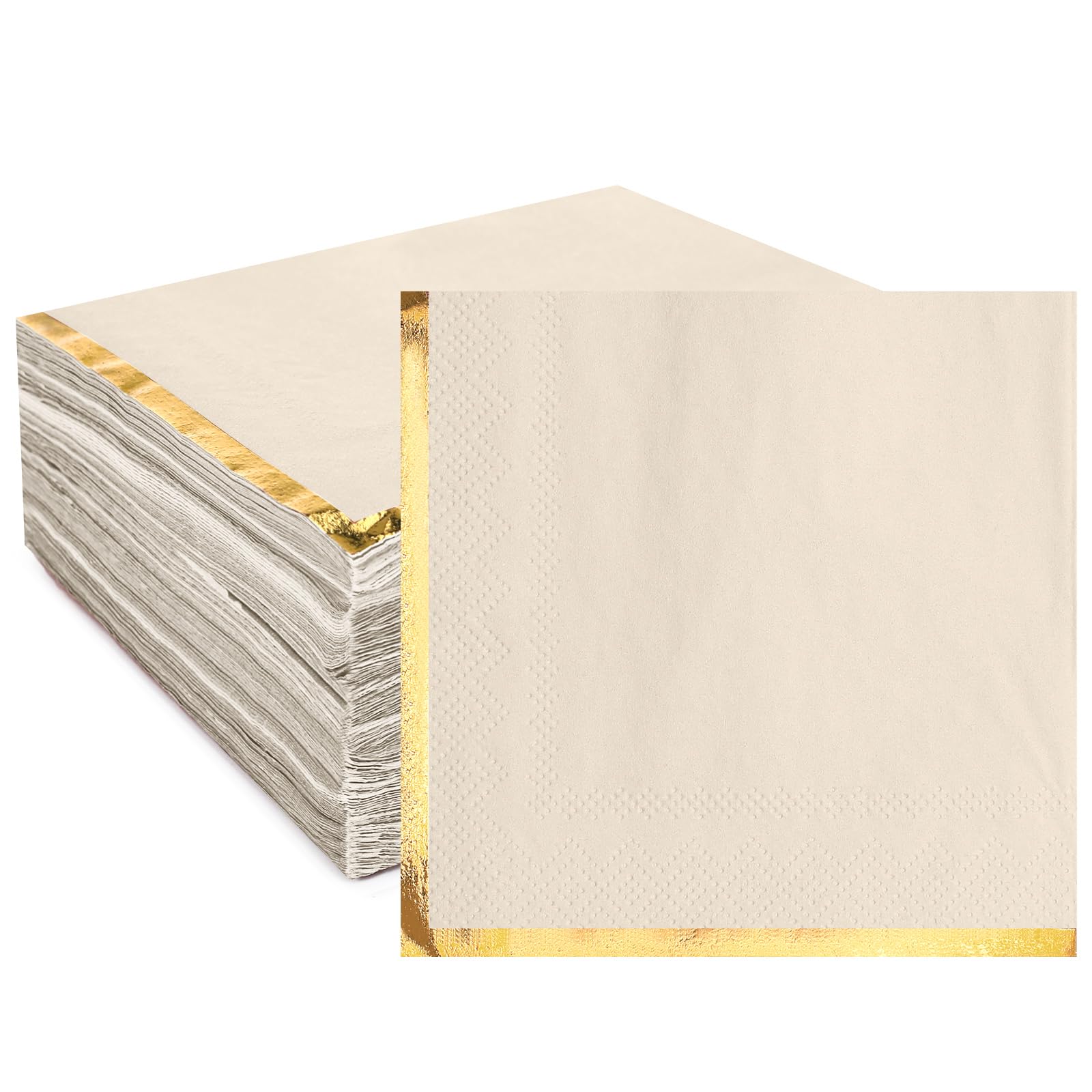 Photo 1 of Fulmoon 100 Pack 2 Ply Cocktail Napkins Paper Gold Foil Trim Edge Beverage Dessert Disposable Paper Napkins Dinner Baby Shower Wedding Birthday Party Tableware Decorations, 5 x 5 Inches(Beige)