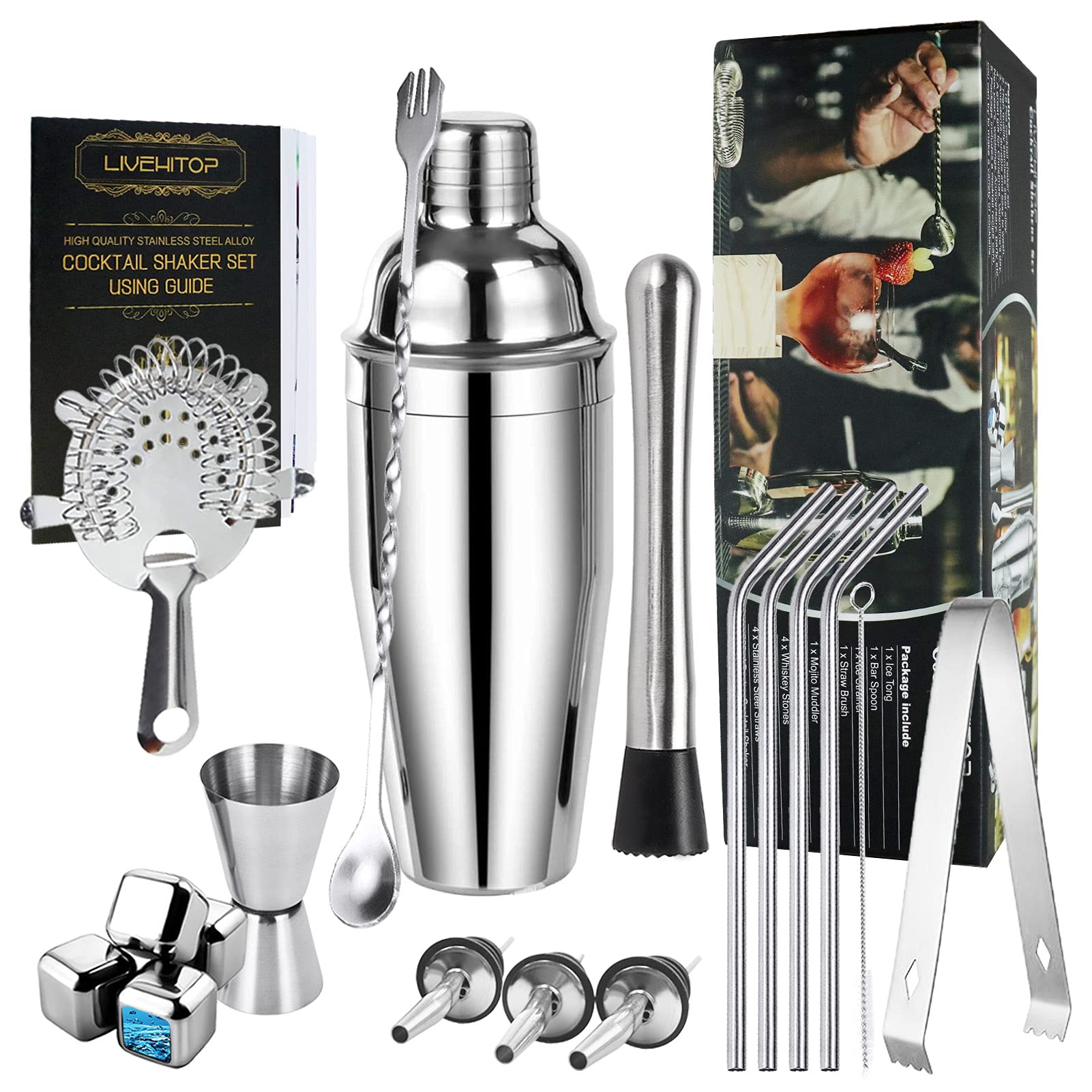 LIVEHITOP Cocktail Shaker Set with Stand, 750ml Stainless Bartender Set, Gift Set with Recipe Book for Drink, Home, Bar, Party