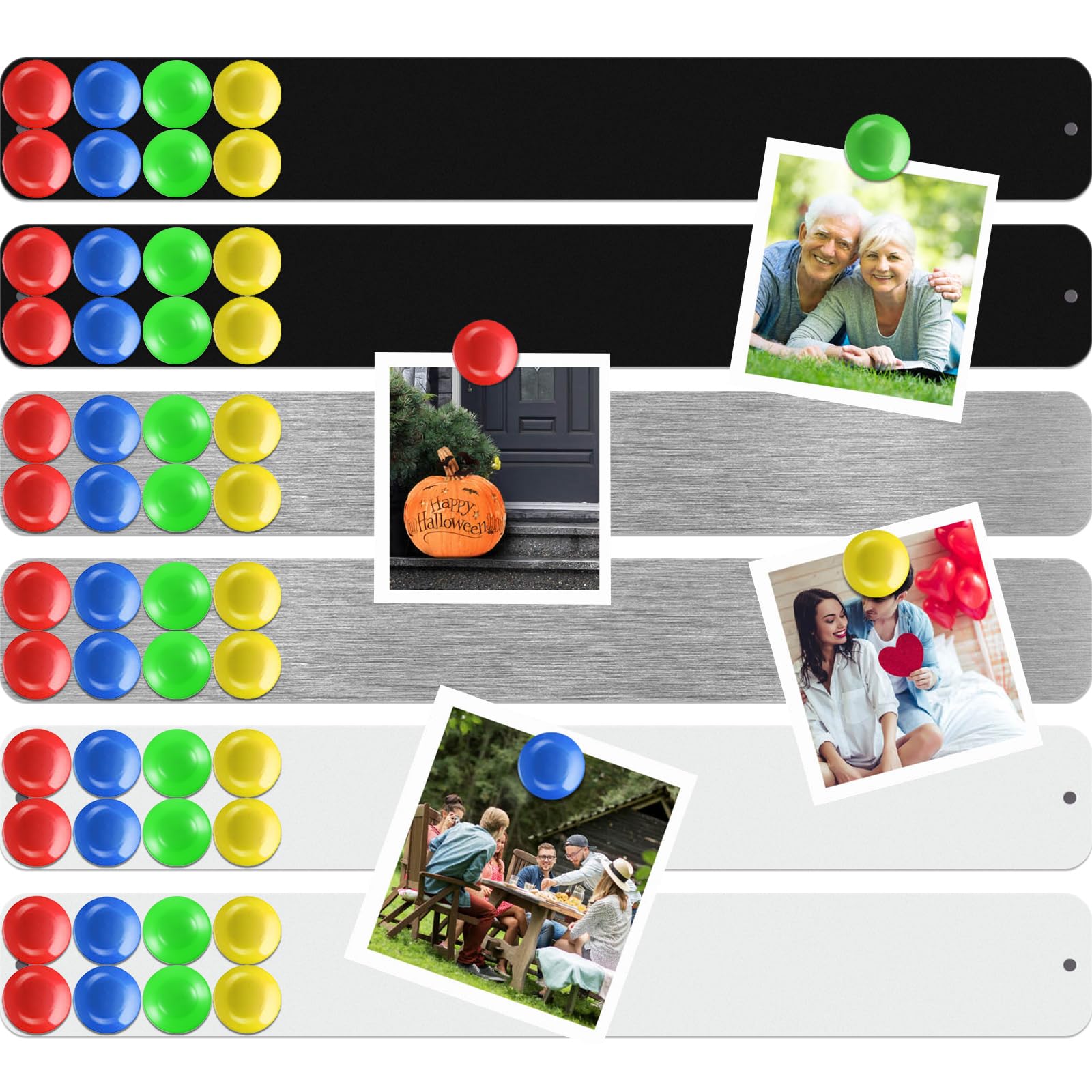 Photo 1 of Outus 6 Pieces Frameless Magnetic Stainless Iron Board Strip 15 x 2 Inch Bulletin Bar Board Memo Strip Set with 48 Pieces Colorful Magnet for Kitchen Office(Silver, Black, White)