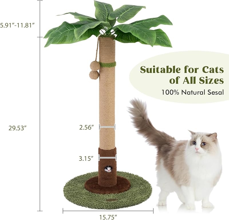 Tiragraffi per gatti alto 89 cm, con foro per topi e corda in sisal, per adulti, gatti e gattini, con giocattolo per gatti e palla da appendere, per gatti da interni (verde)