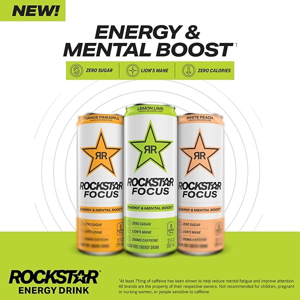 ROCKSTAR FOCUS, 3 FLAVOR VARIETY PACK (WHITE PEACH, LEMON LIME, ORANGE PINEAPPLE), 12 FL OZ CANS (PACK OF 12)