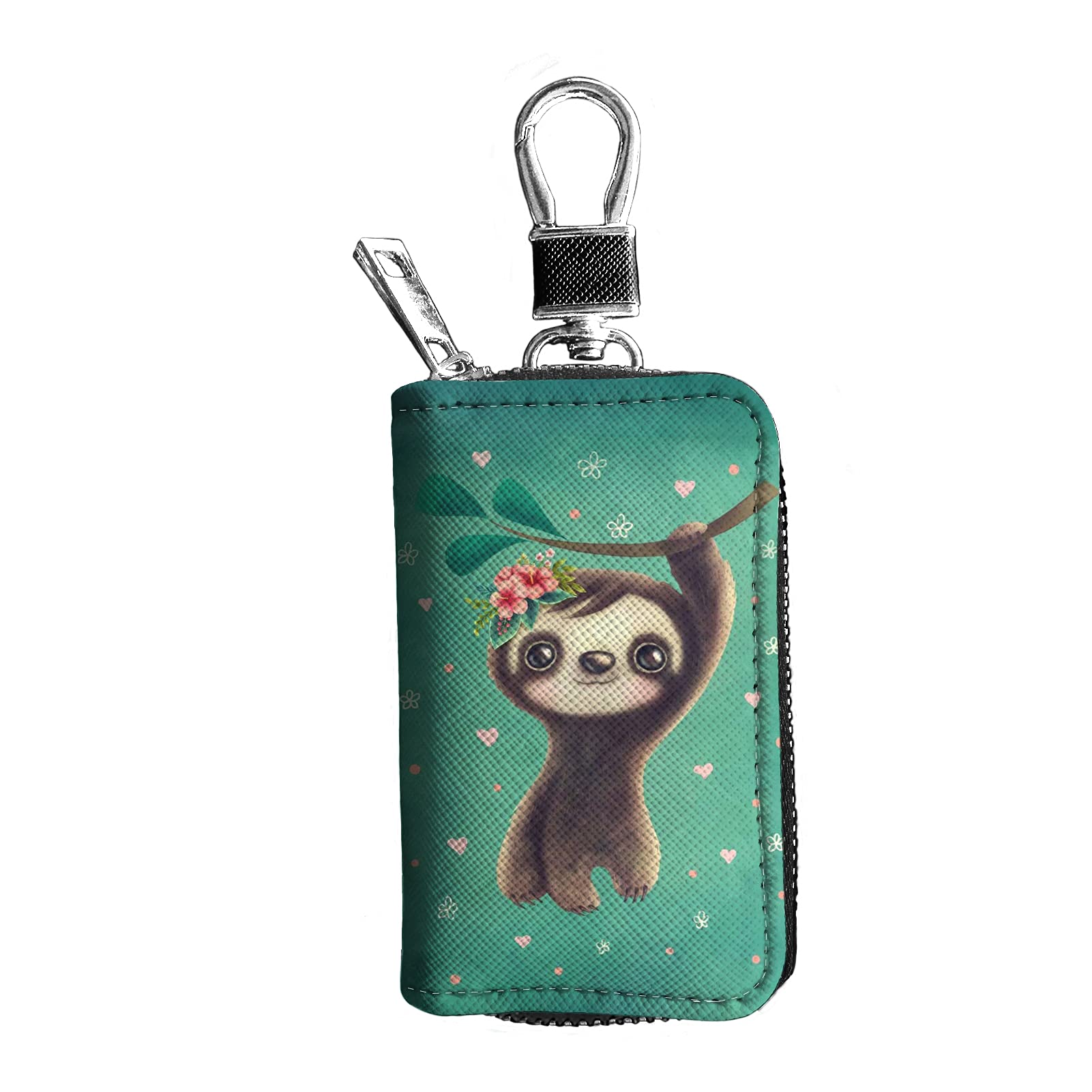 Kuiaobaty Auto Accessiores PU Leather Key Holder Bag Zip Pouch Lovely Sloth Print Clip Purse