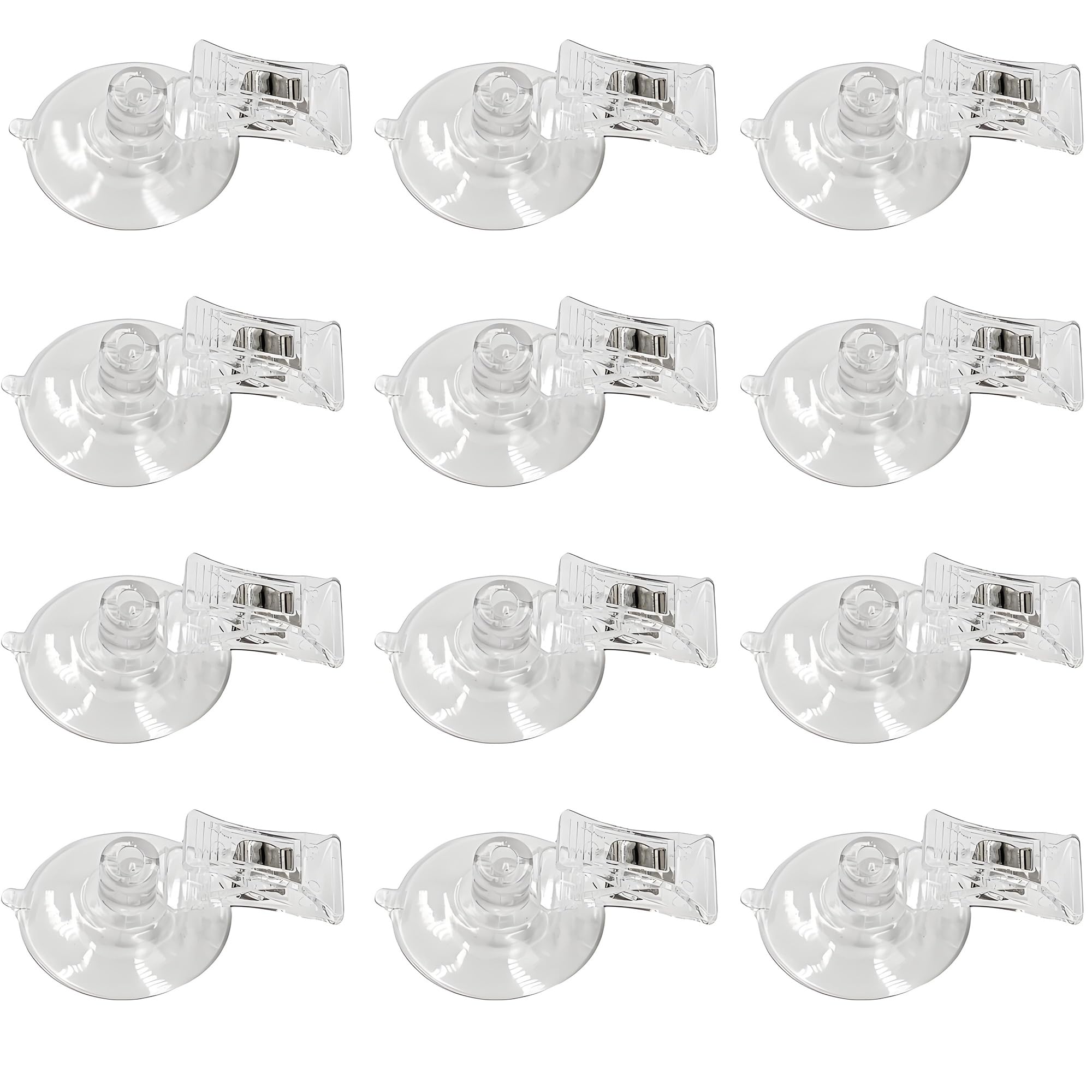 LJY 12 Pcs Suction Cup Clips 4.5 cm (1.77 in) - Clear Plastic Holders with Suction Pads for Aquarium Fish Tank, Shop Sign Tags, Window Wreath Display and Bathroom Shower Organisation