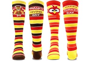 LUKBERA 2Pairs Thanksgiving Socks, Turkey Ttriped Mid-calf Socks Funny Words Socks for Thanksgiving Women Men Funny Autumn Holiday Turkey
