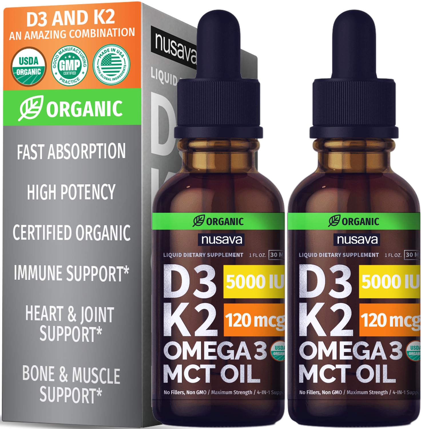 Mua (2 Pack) Organic Vitamin D3 K2 Drops w MCT Oil Omega 3, 5000 IU ...