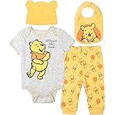 Disney Winnie the Pooh Baby Bodysuit Pants Bib and Hat 4 Piece Outfit Set Newborn to Infant