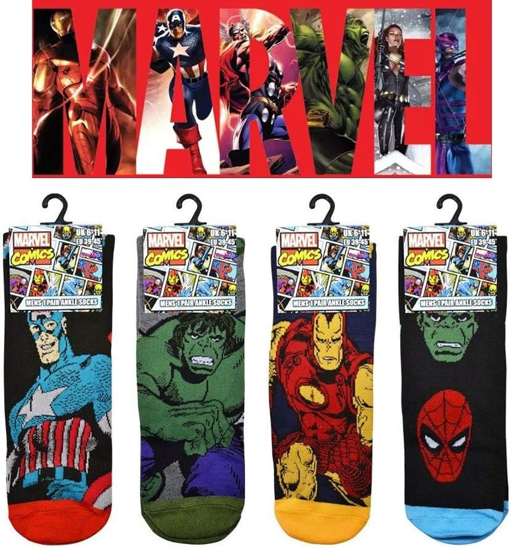 Marvel Comics 4 Pairs of Mens Superhero socks 6-11 Character Novelty Socks (Marvel)
