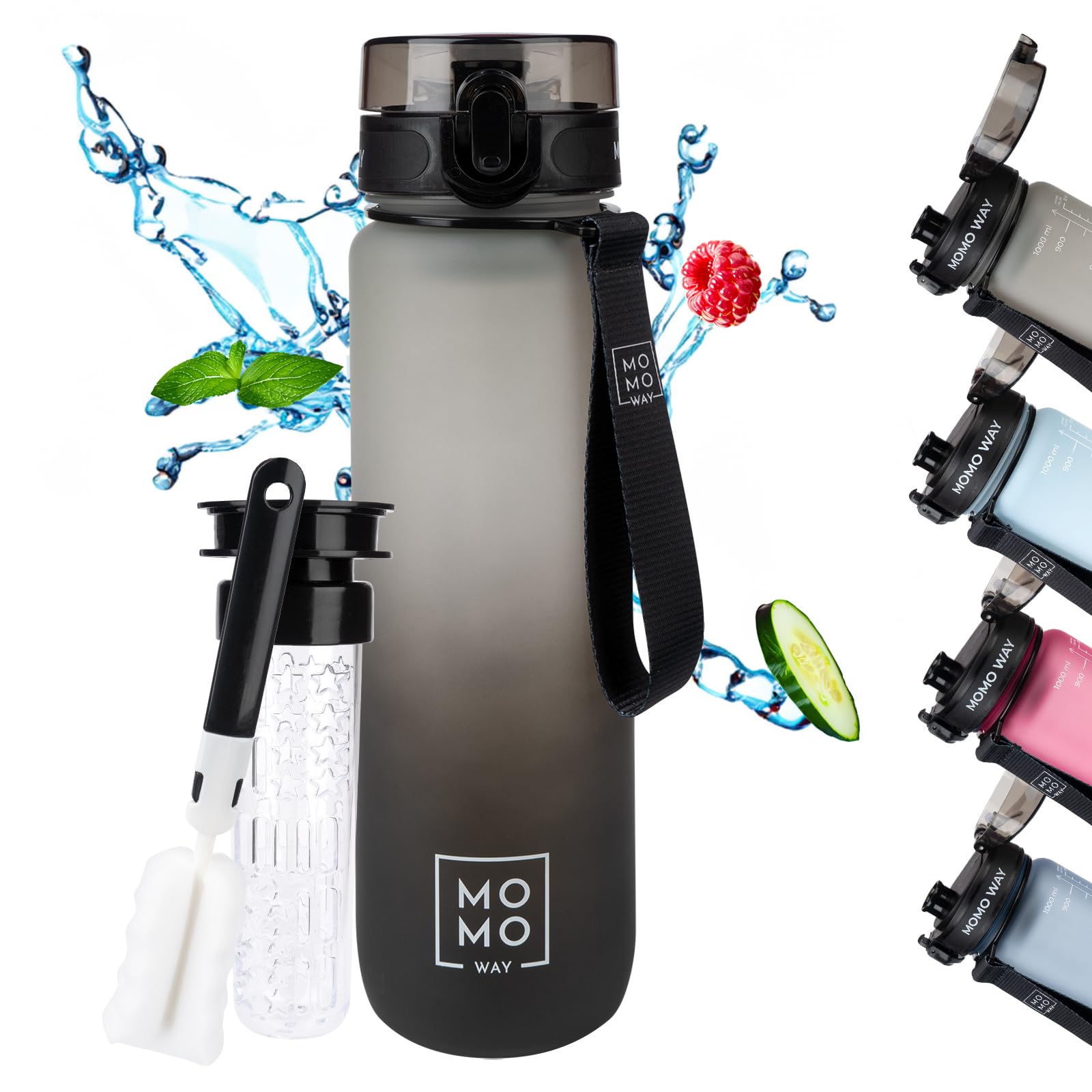 MOMO WAY Drinking Bottle Tritan Water Bottle BPA Free Reusable for School Sports Fitness Gym Easy Closure Gift for Men Women and Children Gray Black 1000ml
