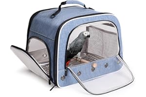 Bird Carrier for Large Parrot, African Grey Travel Cage, Portable with Stand Perch, Metal Tray and Grid, Multi Opening for Ac
