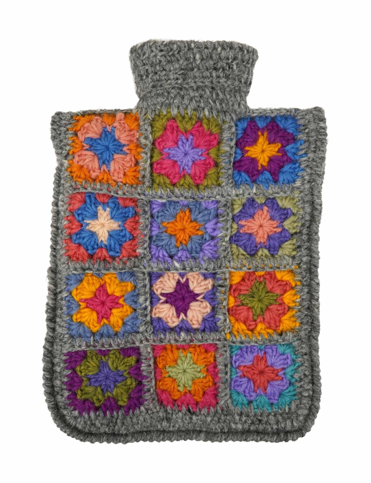Pachamama Hand Crochet 100% Wool Hot Water Bottle Cover and 2 Litre Hot Water Bottle - Quilting Pattern Handmade Fair Trade Grey Multicoloured Thermal