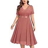 MISSMAY Women's Plus Size Lace Contrast Chiffon V Neck Flowy Cocktail Wedding Guest Midi Dress