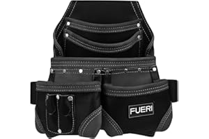 FUERI Leather Tool Pouch for Carpenters 5 Pocket Framers Belt Bag Kit | Heavy Duty Bag with Tape Holder | Rig Riveted Tool Organizer - Reinforced Seams (Black)