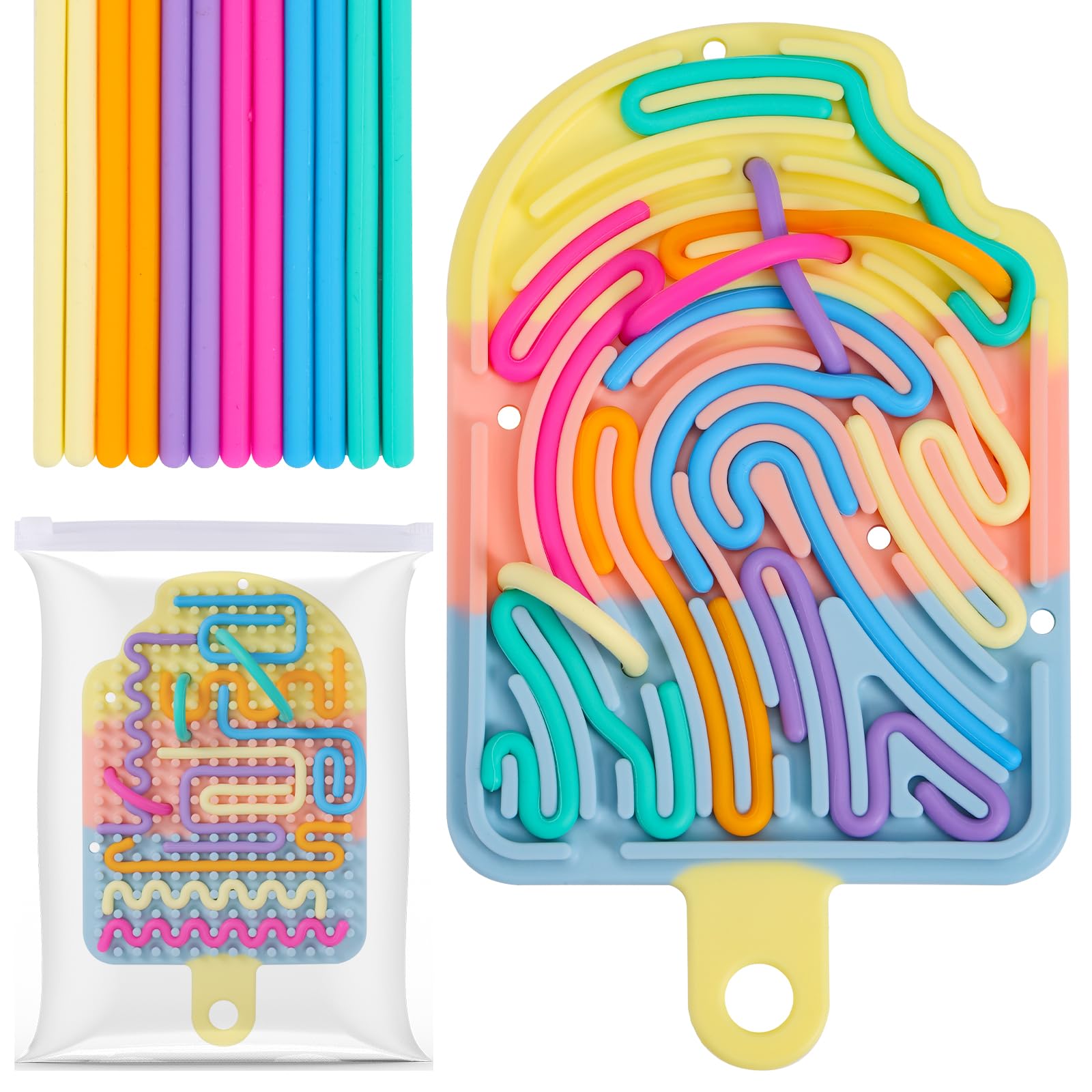 BOXOB Sensory Activity Board with 12pcs Strips, Silicone Soft Fidget Toys Sensory Board Cute Ice Cream Shape Calm Down Toy for Autism Kids Adults Relaxing (Multi Color)