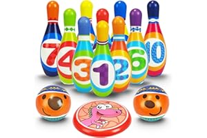 BALLAZIO Kids Bowling Toy Set,10 Pins & 2 Balls & 1 Frisbee,Made of Soft PU Material,Ages 3+,Safe Baby Bowling Balls for Boys & Girls,Fun Indoor Bowling Game for Toddlers (Numbers)