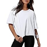 XIEERDUO Cotton Tshirts for Women Drop Shoulder Round Neck Oversized Crop Tops Workout Tops Tees