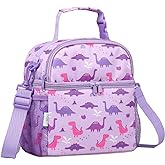 VASCHY Lunch Box Bag for Kids, Insulated Double Compartments Cooler Lunch Tote for Toddlers Girls School/Daycare/Picnic Lilac Dinos
