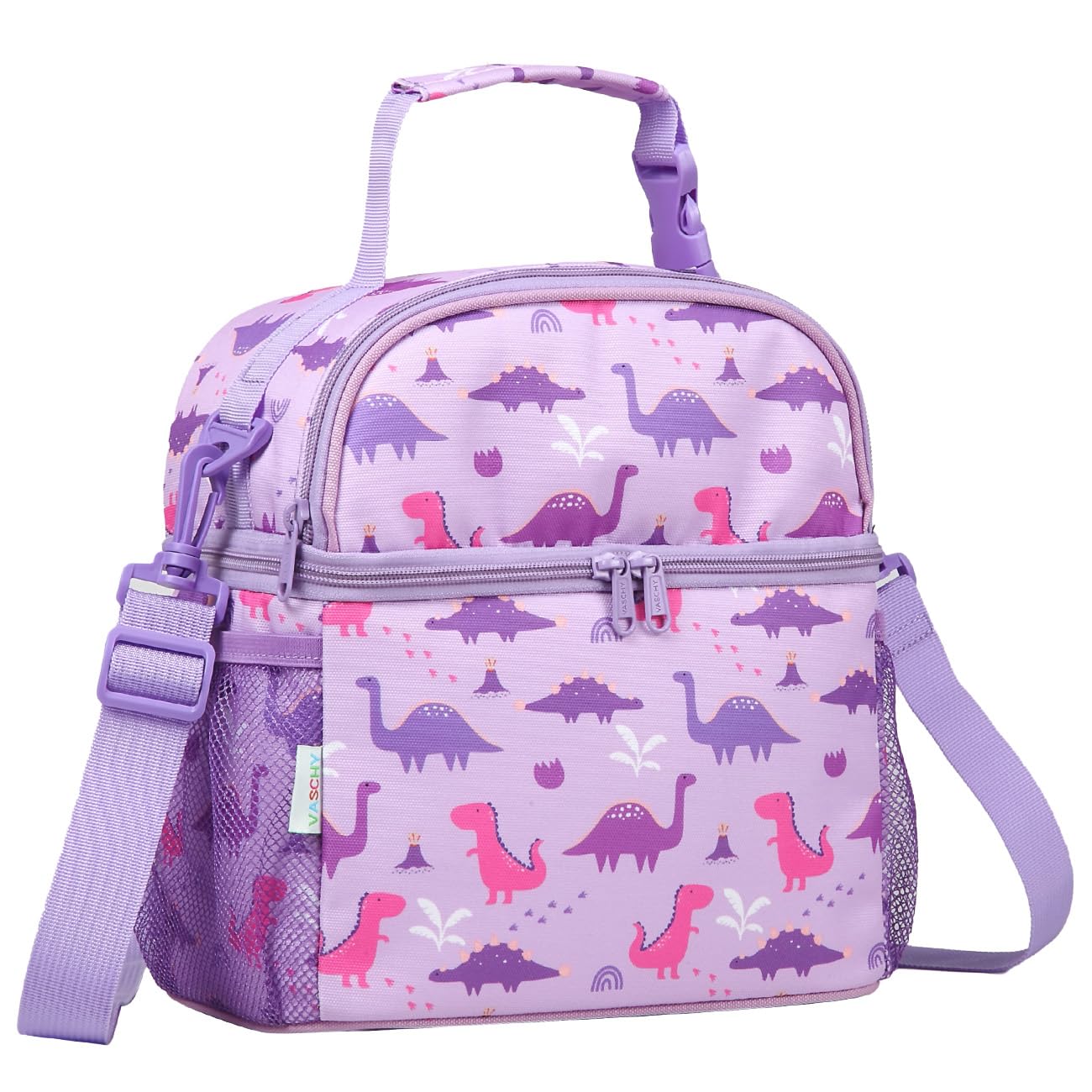 VASCHY Lunch Bag for Kids, Insulated Lunch Box Double Compartments Cooler Lunch Tote for Toddlers Girls School/Daycare/Picnic Lilac Dinos
