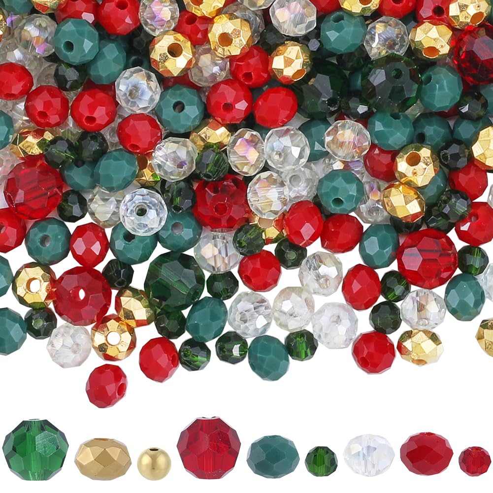 SUNNYCLUE 1 BOX ABOUT 1050PCS Glass Christmas Beads Red And Green Beads Crystal Cute Xmas Round Loose Spacer Beads Bulk for jewellery Making Bracelet Beading Kits Christmas Party Decor Diy Craft Suppl