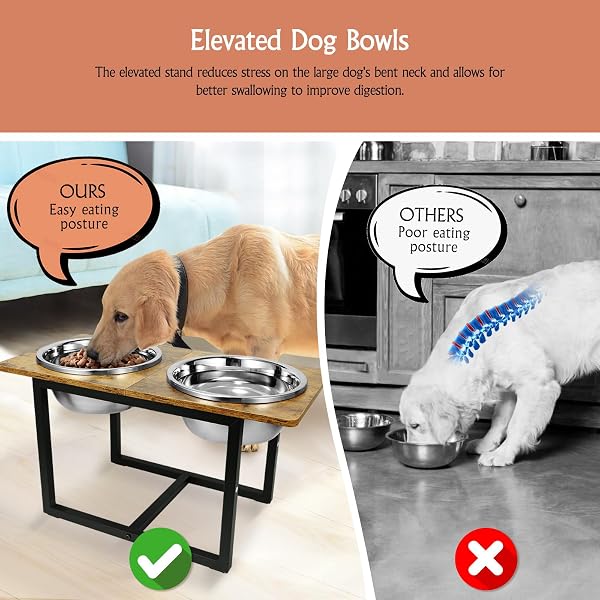ELEVATED DOG BOWLS FOR LARGE DOGS, RAISED DOG BOWL STAND WITH TWO X-LARGE STAINLESS STEEL BOWLS FOR DOGS, 3.5L CAPACITY, RUSTIC BROWN