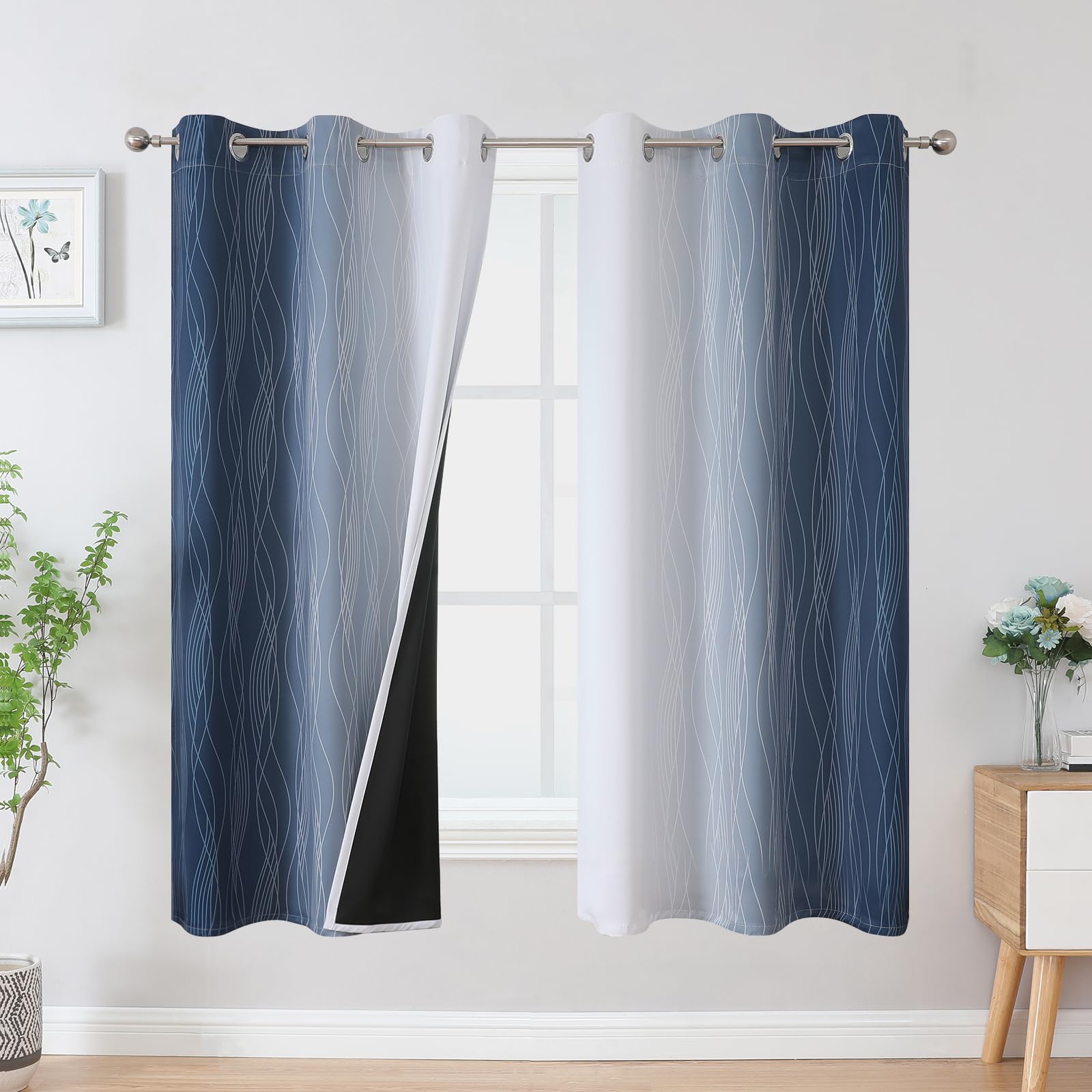 VEHEDE Ombre Blackout Curtains for Kids Bedroom Room, Thermal Insulated Noise Reducing Gradient Drapes 63 Inch Drop for Living Room, W42x L63 Inch, Navy Blue and Greyish White, 2 Panels