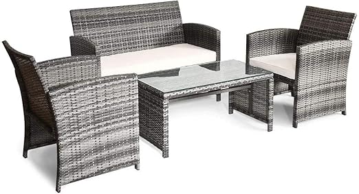 Amazon Com Giantex 4 Pc Rattan Patio Furniture Set Garden Lawn Sofa Cushioned Seat Mix Gray Wicker Kitchen Dining