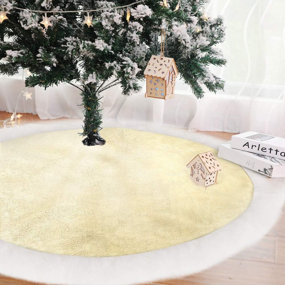 Jellas Tree Skirt- 3D Embossing Pattern Mat, 48 inches Premium Golden Tree Mat for Xmas Holiday with Hand Stitched Luxury White Snow Smooth Fur Edge, for Christmas Decoration Outdoor and Indoor
