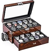 BEWISHOME High-End Watch Box, 20-Slot Watch Case with Large Glass Lid, Wooden Watch Cases for Men, Watch Storage, Watch Organizer, Synthetic Leather Interior, Brown SSH04Y