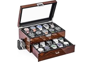 BEWISHOME High-End Watch Box, 20-Slot Watch Case with Large Glass Lid, Wooden Watch Cases for Men, Watch Storage, Watch Organizer, Synthetic Leather Interior, Brown SSH04Y