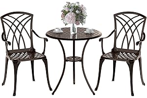 Z1UVDFUR Patio Bistro Set 3 Piece, Cast Aluminum Bistro Set for 2 w/Umbrella Hole, Outdoor Table and Chairs Set of 2, Bistro Set for Balcony/Backyard/Garden, Bronze