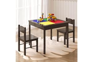 4NM 3 in 1 Kids Table Set for 2, Children Table and Chairs, Toddler Play Activity Table with Hidden Storage Wood Building Block Table Desk for Ages 3-7 - Espresso