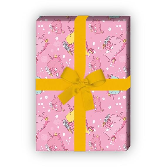 Süßes Kinder Geschenkpapier Set (4 Bogen)/Dekorpapier mit Einhorn Dinosaurier, rosa, für schöne Geschenk Verpackung und Überr
