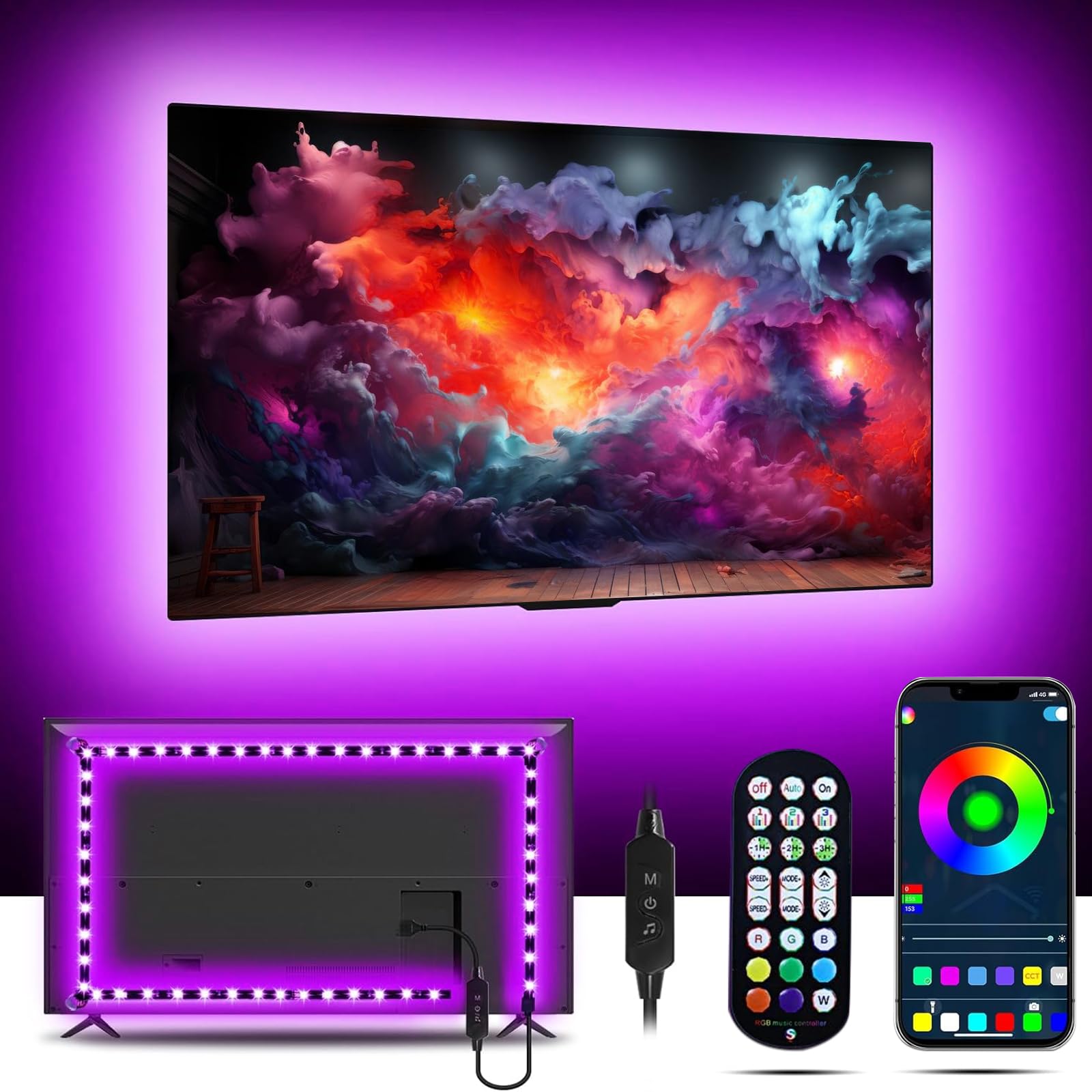 DTQJ TV LED Lights, 4m USB Strip Lights Backlights for 43-55 inch, LED TV Lights with Remote, Bluetooth APP Control Colour Changing & Music Sync, USB Powered for Hoom Gaming Room Decor