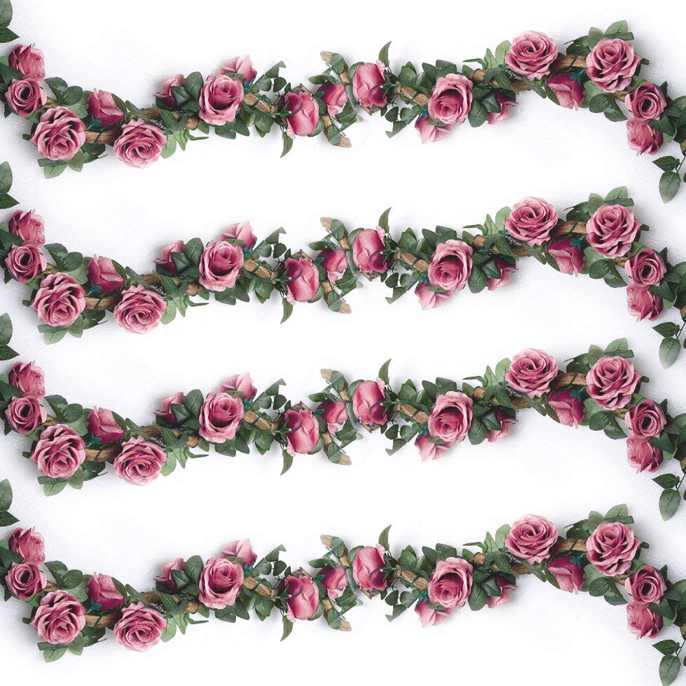 Ruiuzioong Artificial Rose Vines,Fake Rose Garland Silk Flowers Hanging Artificial Plants for Hotel Wedding Home Party Garden Craft Art Arch Arrangement Decoration (Rose Red, 2pcs - 10Flowers) โ image 1