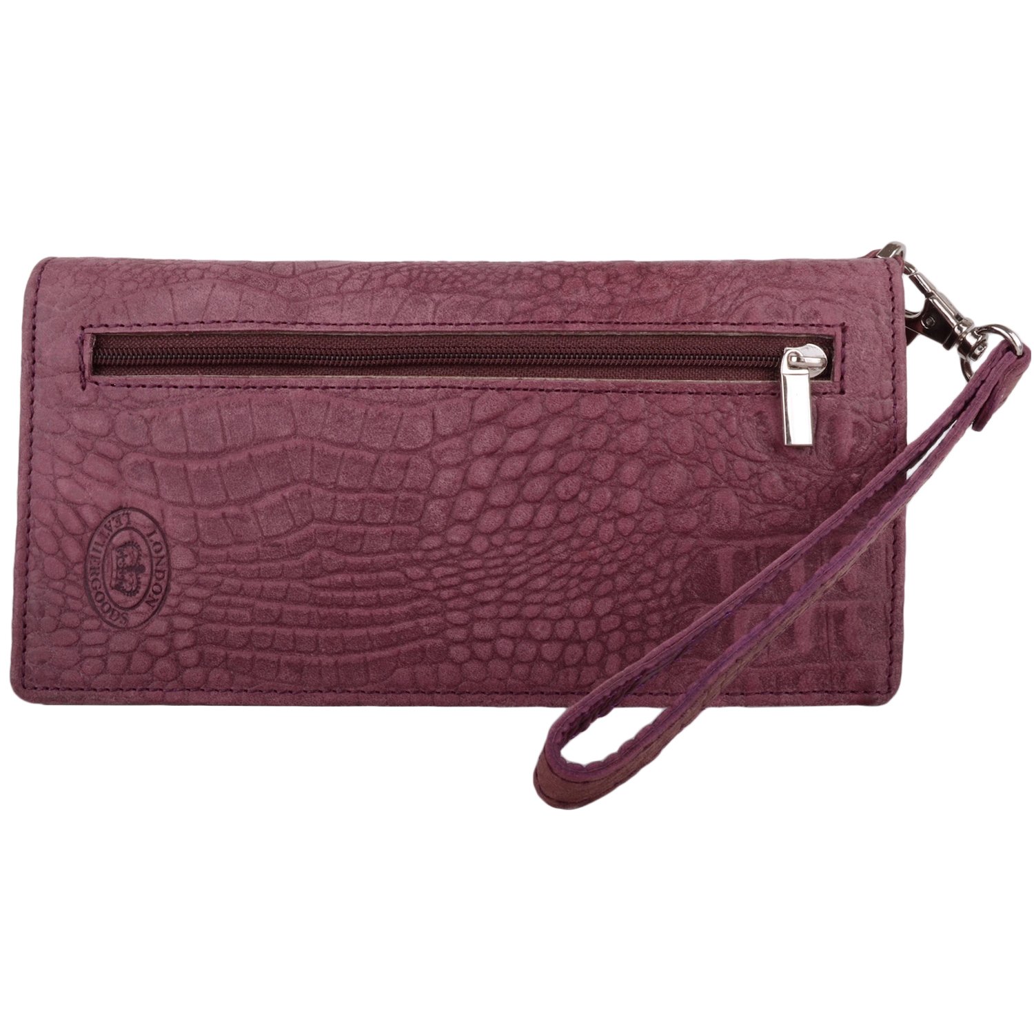Womens Genuine Leather RFID Protected Clutch/Matinee Purse with Croc Design - Plum