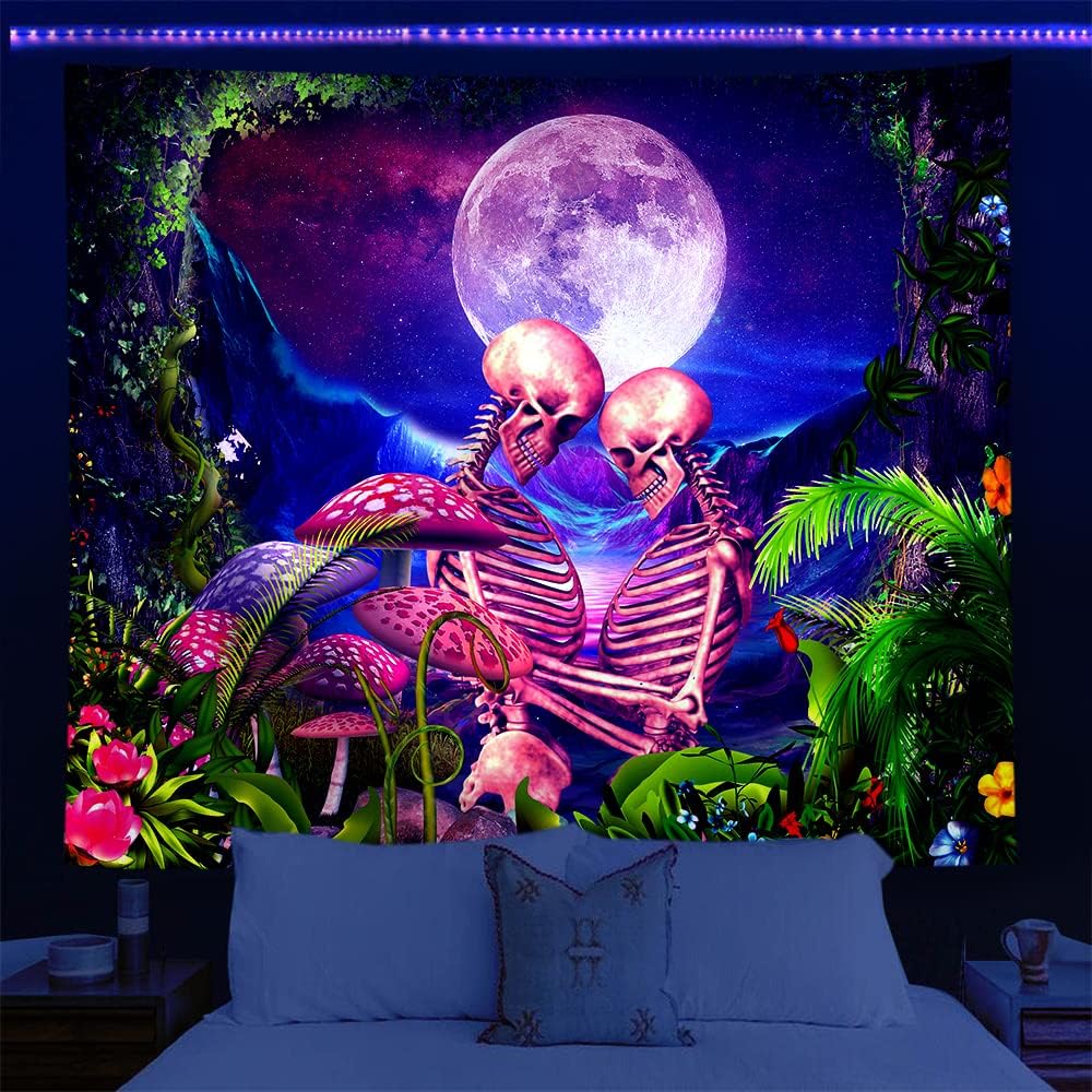 Tapestries - Wonrizon Blacklight Skull Tapestry, Romantic Lovers Mushroom Floral Tapestries Skeleton UV Reactive Wall Hanging Glow in the Dark Backdrop decor for Bedroom Living Room (Moon Phase skull, 51.2”x 59.1”)