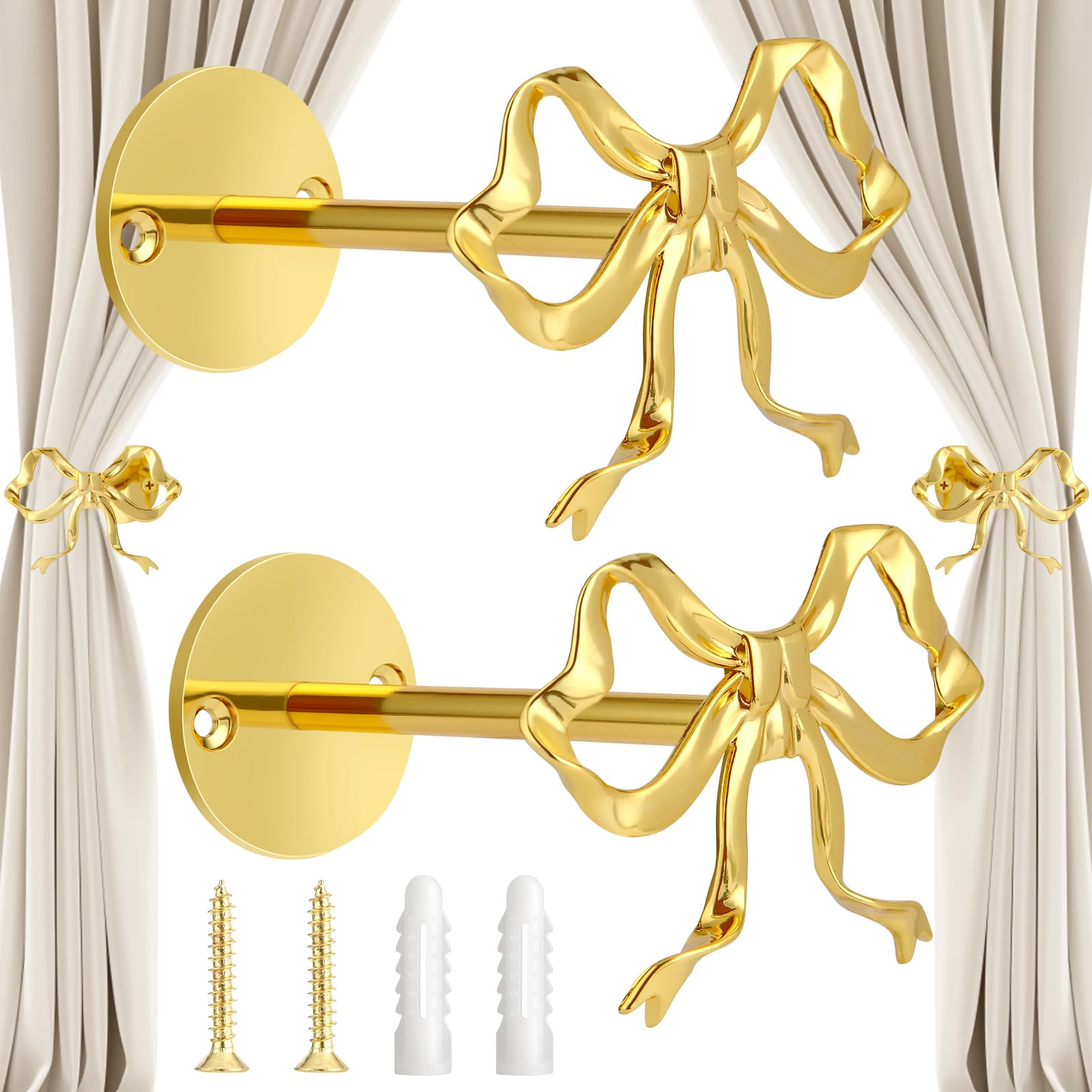 Photo 1 of 2 Pcs Gold Bow Curtain Tiebacks, Bow Curtain Holdbacks Wall Mounted, Suitable for Curtains and Bow Room Decoration