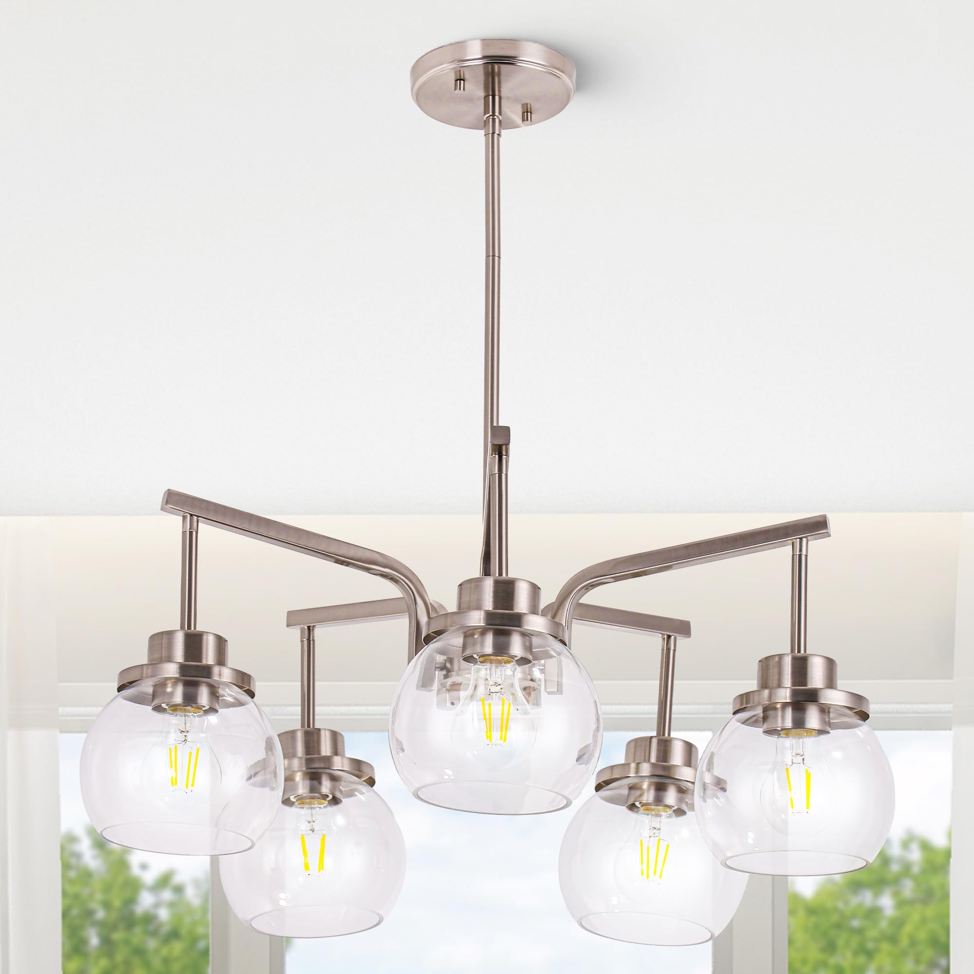Photo 1 of Brushed Nickel Chandelier, 5-Light Dining Room Chandelier with Large Clear Glass Globes, Modern Dining Room Light Fixtures Over Table, Kitchen Chandelier Ceiling Lighting for Living Room & Entryway