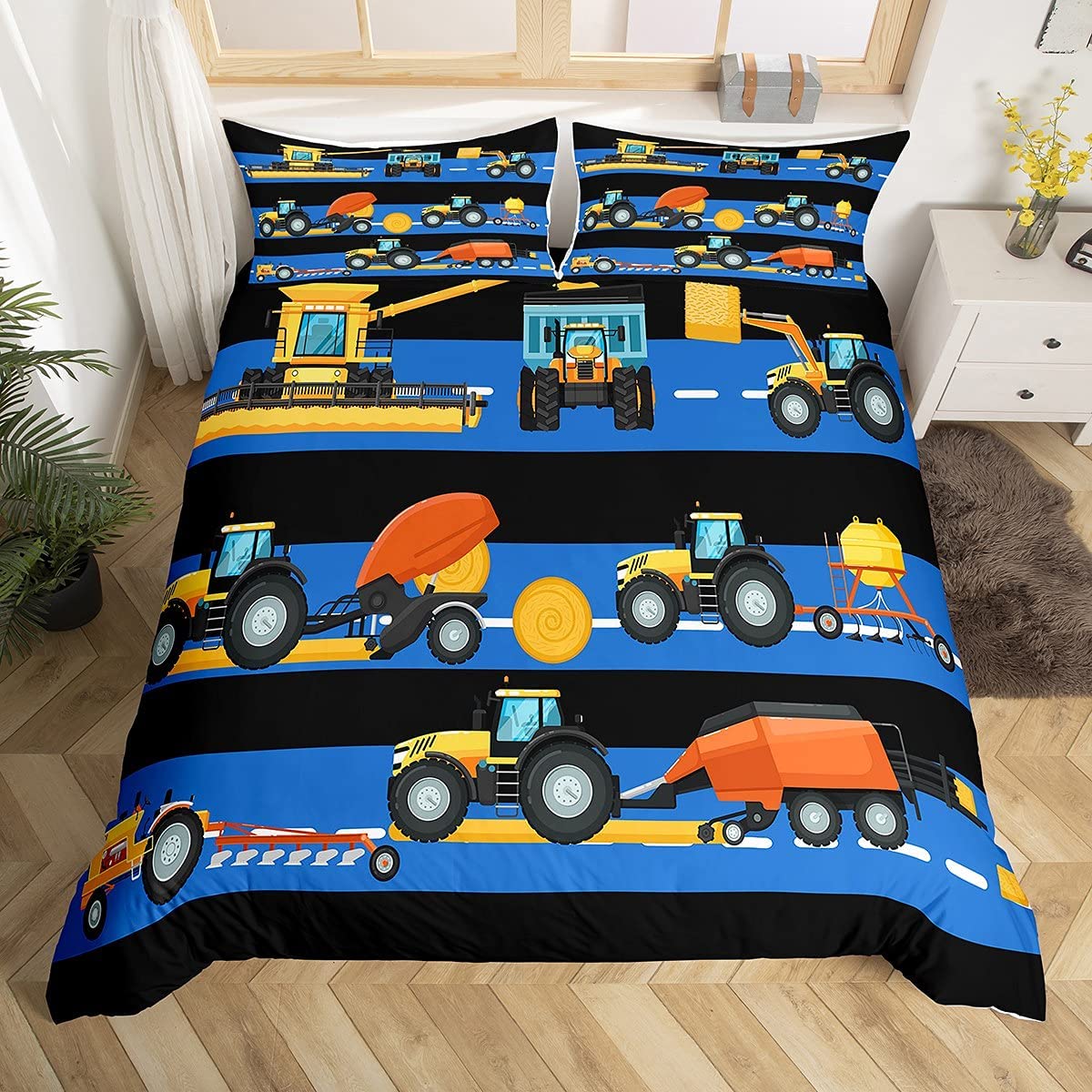 Loussiesd Kids Cute Cars Bedding Set Double Size Boys Cartoon Construction Vehicles Comforter Cover Truck Car Print Duvet Cover Child Machinery Bulldozer Crane Bedding & Linen Colorful Bedclothes