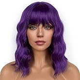 LANCAINI Dark Purple Short Bob Wigs with Bangs for Women Loose Wavy Wig Curly Wavy Shoulder Length Bob Synthetic Cosplay Wig for Girl Colorful Costume Wigs