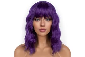 LANCAINI Dark Purple Short Bob Wigs with Bangs for Women Loose Wavy Wig Curly Wavy Shoulder Length Bob Synthetic Cosplay Wig for Girl Colorful Costume Wigs