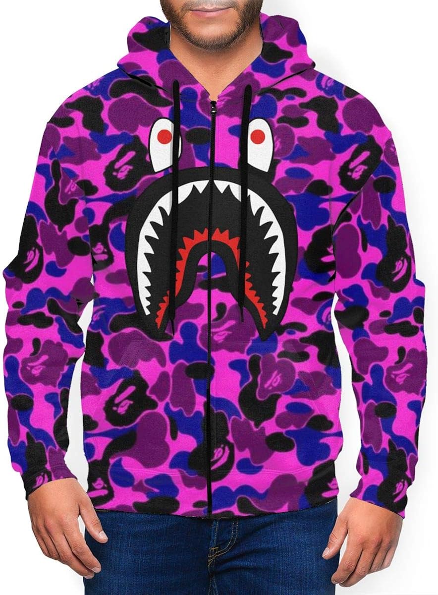 Fashion Shark Gray Camo Men's 3D Print Zip Up Hoodie Casual Pullover Hooded Sweashirt Jacket Pockets