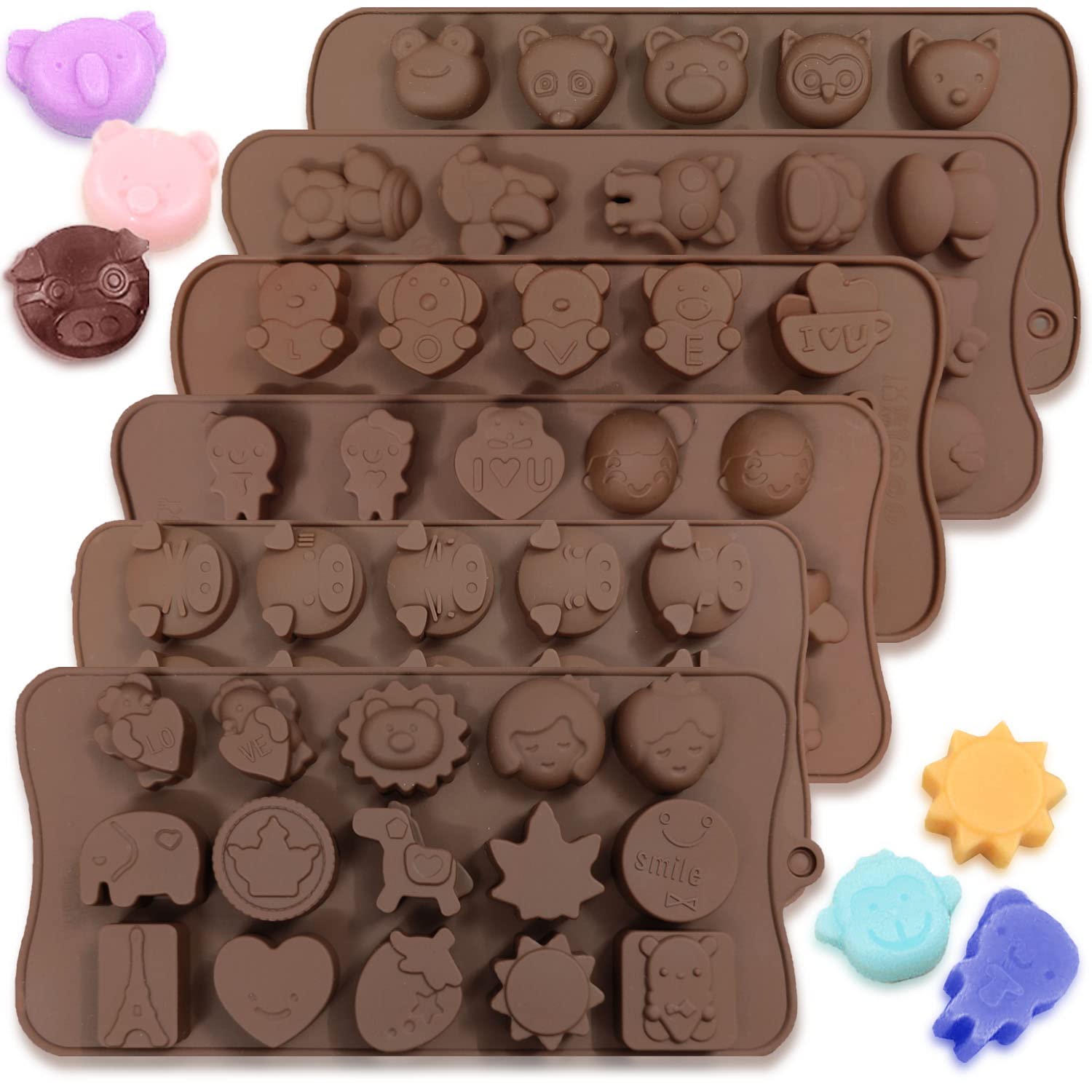 6 pcs Silicone Chocolate Molds, CNYMANY Animal Shapes Love Material Candy Mold Jelly Mould Non-Stick Kitchen Baking Pans Ice Cube Trays for Party Festival - 76 Shapes
