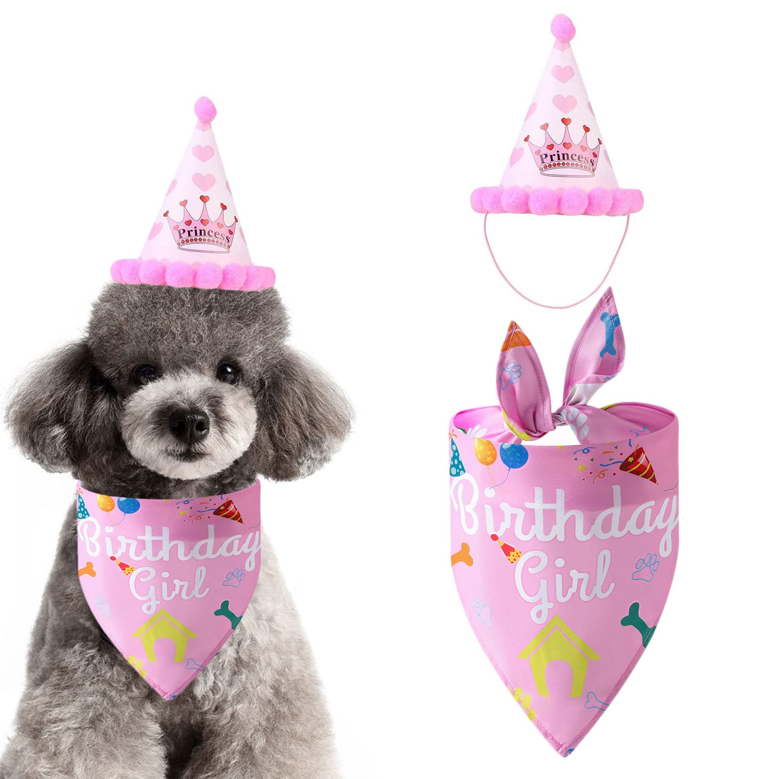 Dog Birthday Bandana and Hat Kit,Triangle Dogs Scarf with Birthday Boy/Girl Decorations,Puppy Birthday Cake Outfit Gift Pet Party Supplies Accessories (pink)