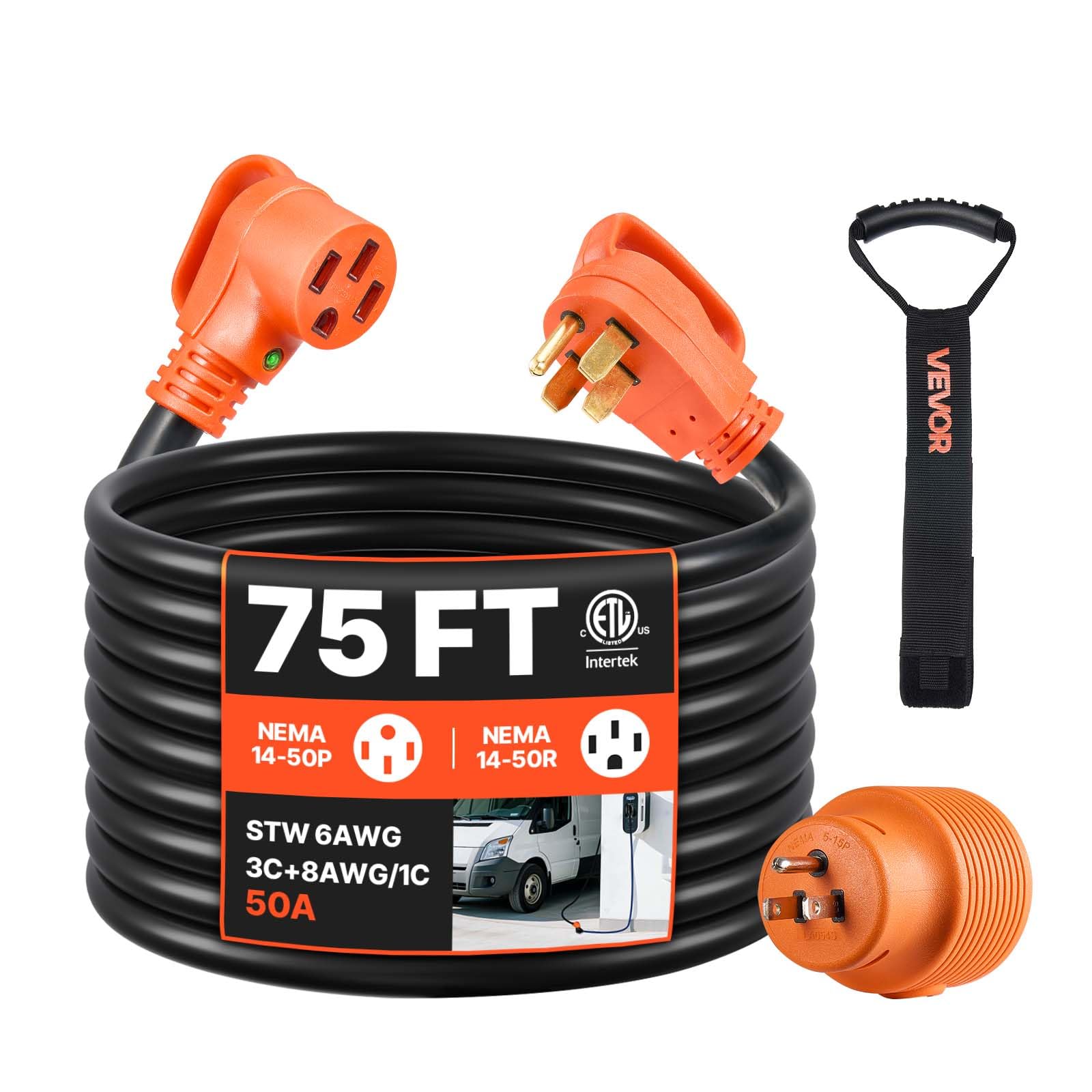 Photo 1 of VEVOR 75 FT RV Extension Cord, 50 Amp, 125V/250V 7500W Heavy Duty STW 6/3 + 8/1 Gauge Wire, NEMA 14-50P Male NEMA 14-50R Female Plug, with LED Indicator, Handle, 15A Adapter for RV Trailer, ETL Listed