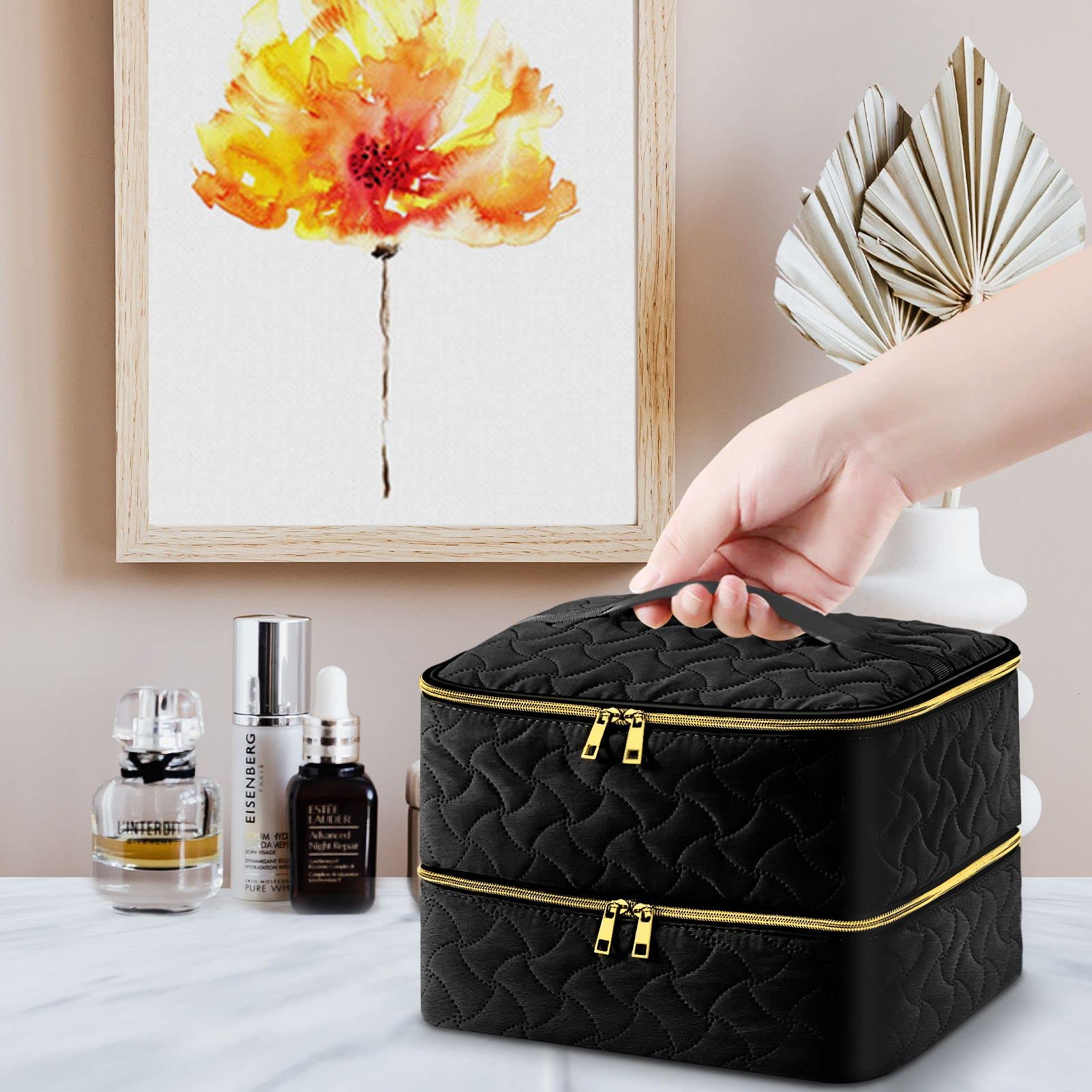 DreamGenius Nail Polish Organizer Case Holds 42 Bottles, Portable Double-Layer Nail Polish Storage Bag with Adjustable Dividers for Manicure Tools, Black