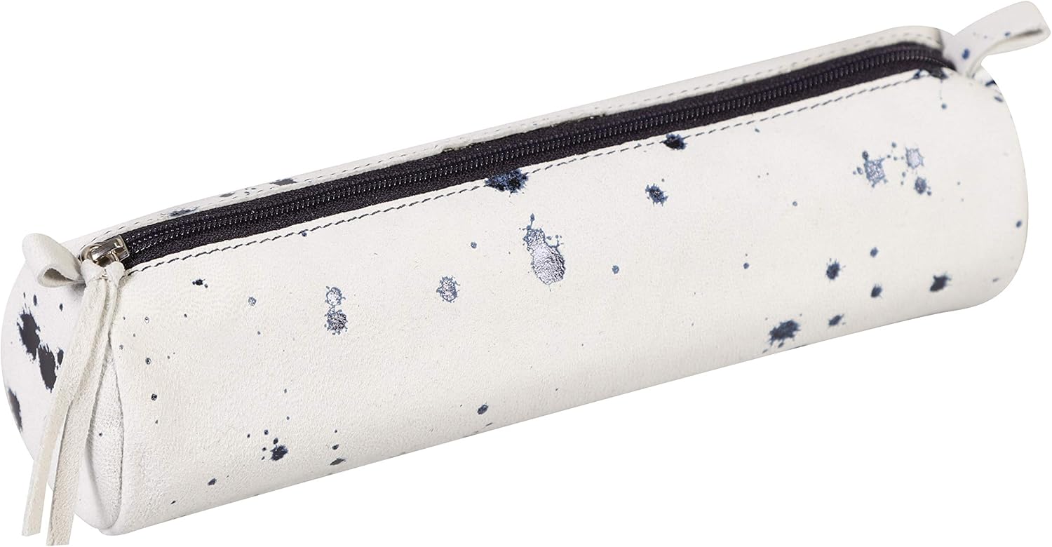 Clairefontaine 410112C, Genuine Lambskin Leather Round School Pencil Case with Dark Blue Ink Stain diameter 5,5x22cm